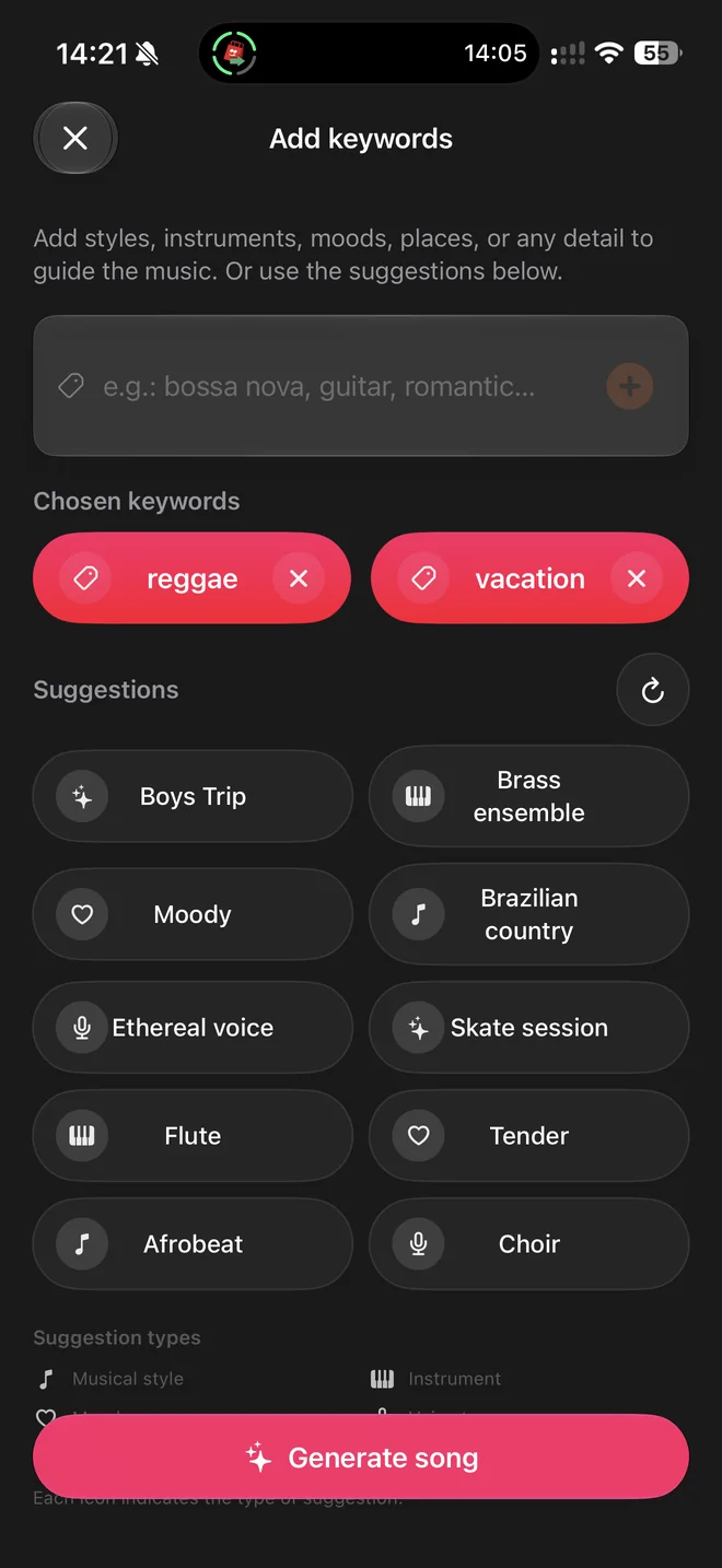 Tela de palavras-chave do SnapSong com estilos escolhidos e sugestões