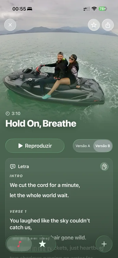 Resultado Hold On, Breathe no SnapSong com controles de reprodução e letra