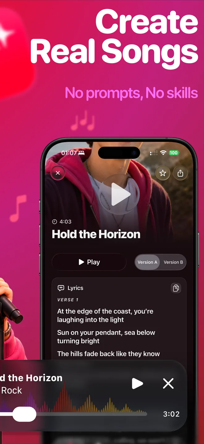 SnapSong screenshot: create real songs with AI vocals and lyrics, no prompts, no skills