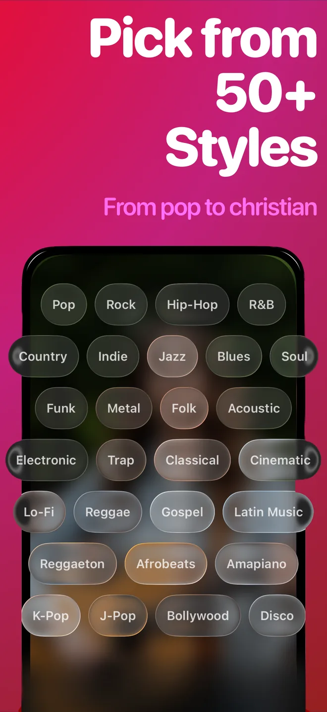 SnapSong screenshot: choose from more than 50 music styles