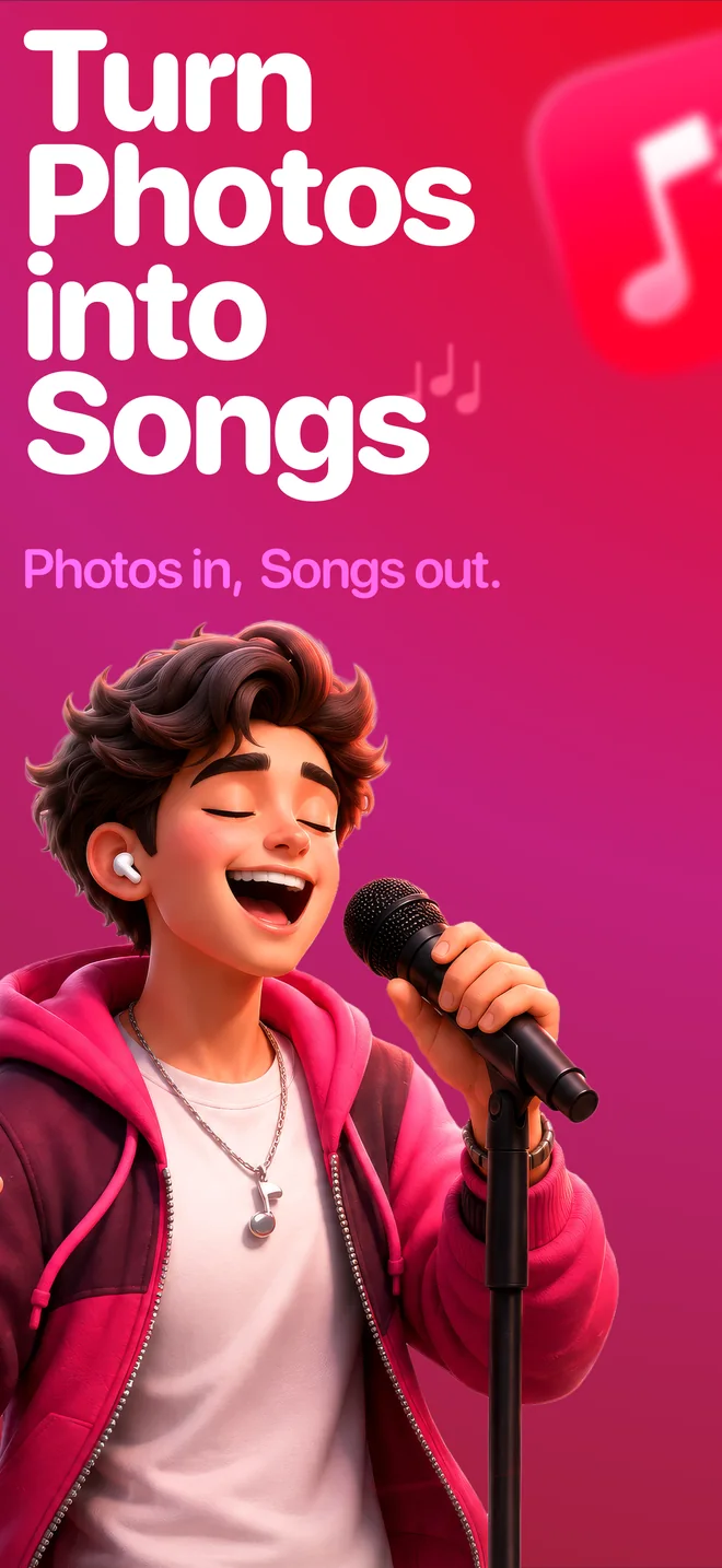 SnapSong screenshot: turn photos into songs, photos in, songs out